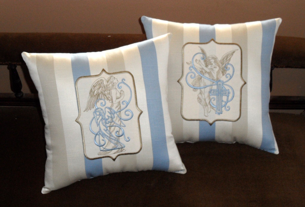 Angel Pillow Set 14x14 inch embroidered decorative pillows (set of 2) in cream, blue, and gold