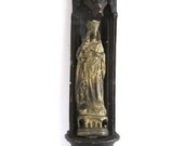 Antique french madonna and jesus,chalk,goldy and black  in a small "church", wall hanging