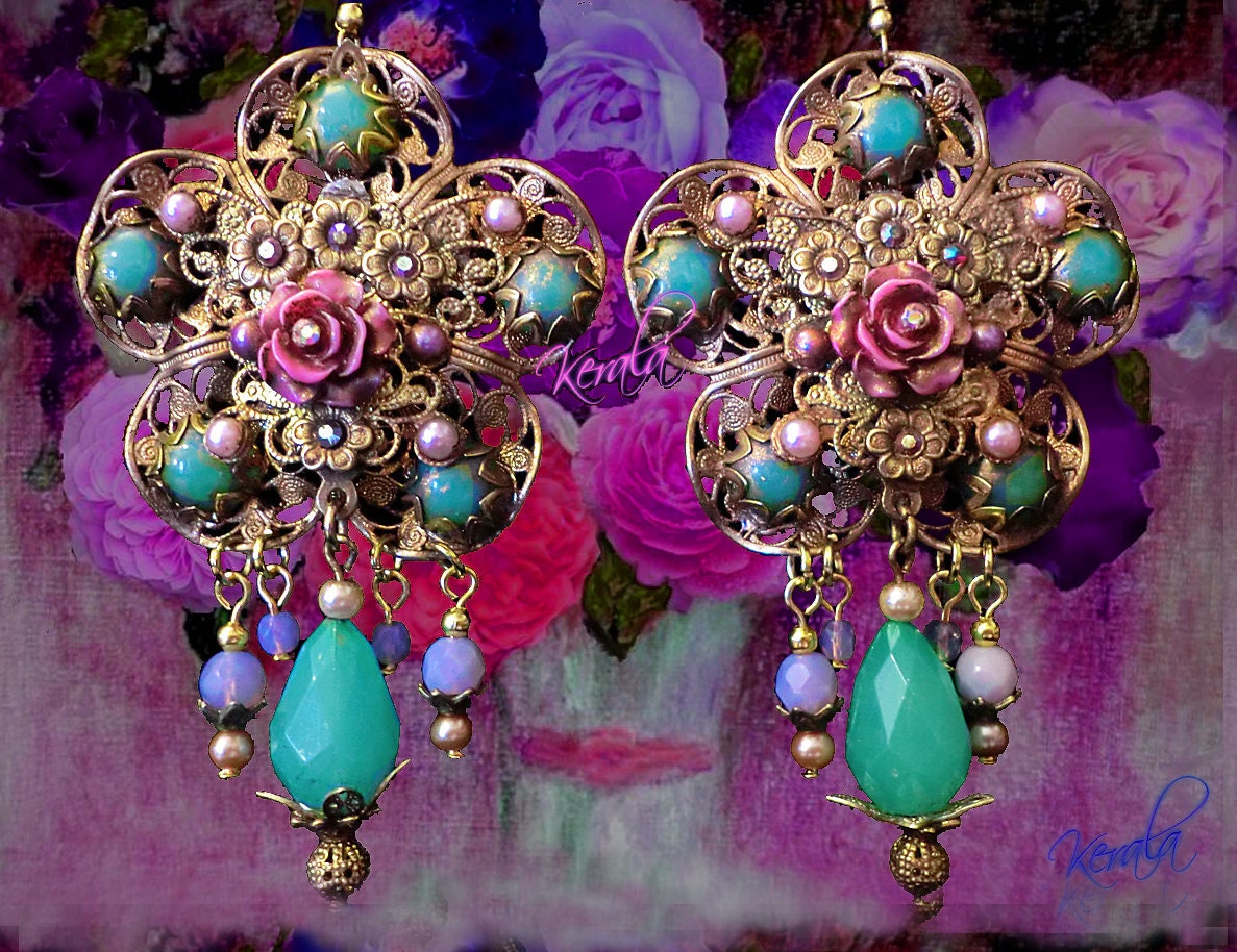 Pink Rose Filigree Chandelier Earrings, Mint Green Shabby-Chic Flower Earrings, Large Floral Statement Earrings- MTO
