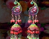 Colorful Floral Paisley Earrings,  East Indian Jhumka Earrings, Rainbow Beaded Chandelier, Vibrant Colors, Bollywood Jewelry- MTO