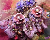 Ruffly Purple Orchid and Pearlescent Pink Rose Chandelier Earrings, Lavender Lace Earrings,Pink and Purple Sparkly Crystal Costume Earrings