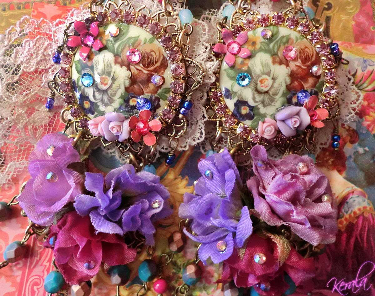 Feminine Flowers and Lace Ornate Shabby-Chic Chandelier Earrings, Floral Victorian Statement Earrings, Hot Pink, Teal and Purple