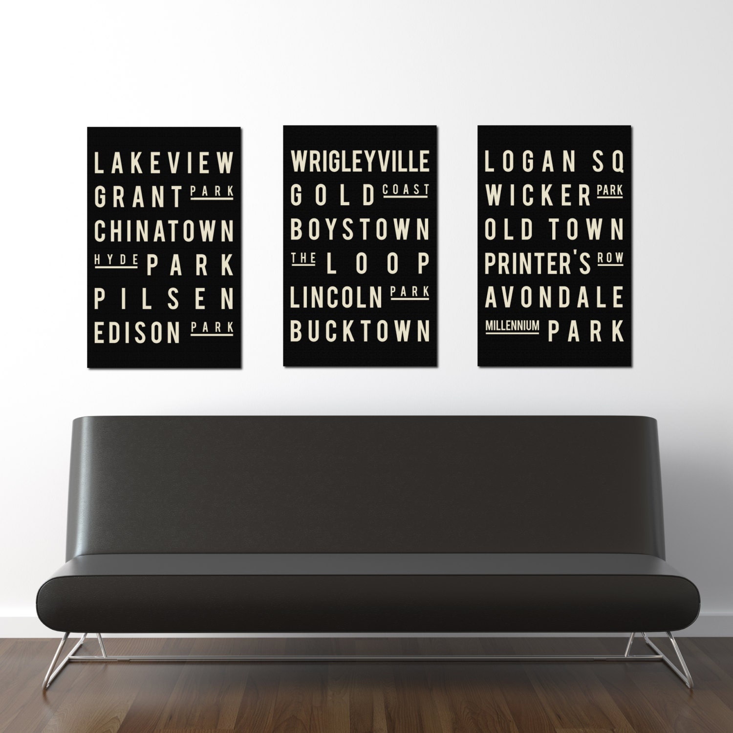 CHICAGO Art Neighborhood Poster. Subway Sign Print. Wall Art. Black and White.  Typographic Art.  Modern Home Decor.  Gift. Set of 3 - 11x17