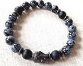 Snowflake Obsidian, Matte Black Onyx, Black finish Buddha, Beaded Bracelet