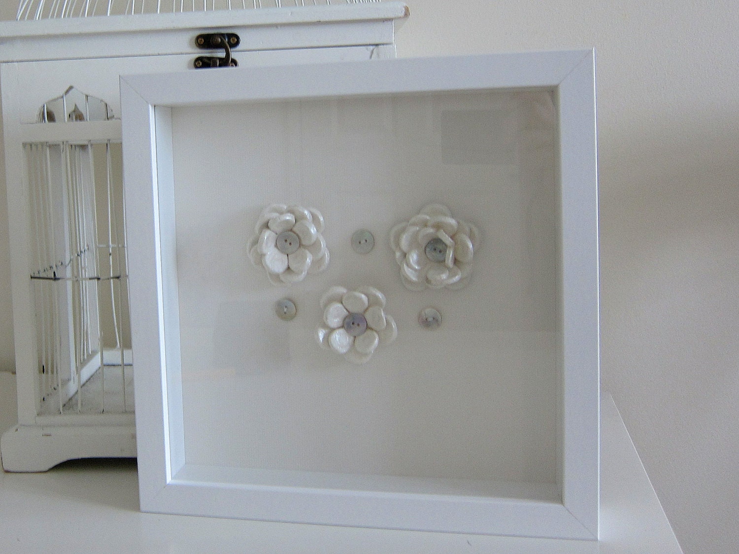 Clay/Ceramic Pearl Flowers framed wall art, handmade by CraftyPretty, UK
