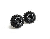 Black stud earrings swarovski crystal post earrings button earrings hand embroidered