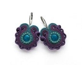 Floral earrings flower flowers spring turquoise purple violet hand embroidered earrings soutache earrings