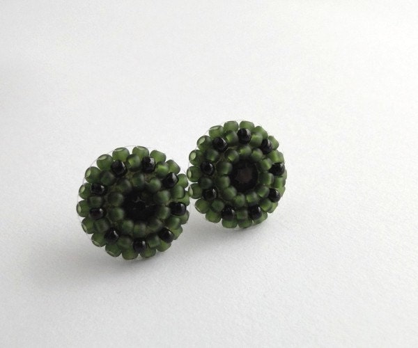 Emerald green stud earrings black swarovski crystal hand embroidered