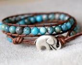 Blue Agate Bohemian beaded leather bracelet, boho chic, double Wrap, Chan Luu style, trendy jewelry, brown, good luck elephant