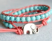 Blue Turquoise on Coral leather boho beaded leather wrap bracelet, Good Luck elephant, double 2x Wrap bracelet, Chan Luu Style
