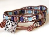 Mixed Jasper and Amazonite Bohemian beaded leather bracelet, double Wrap, Chan Luu style, trendy jewelry, silver, blue, brown