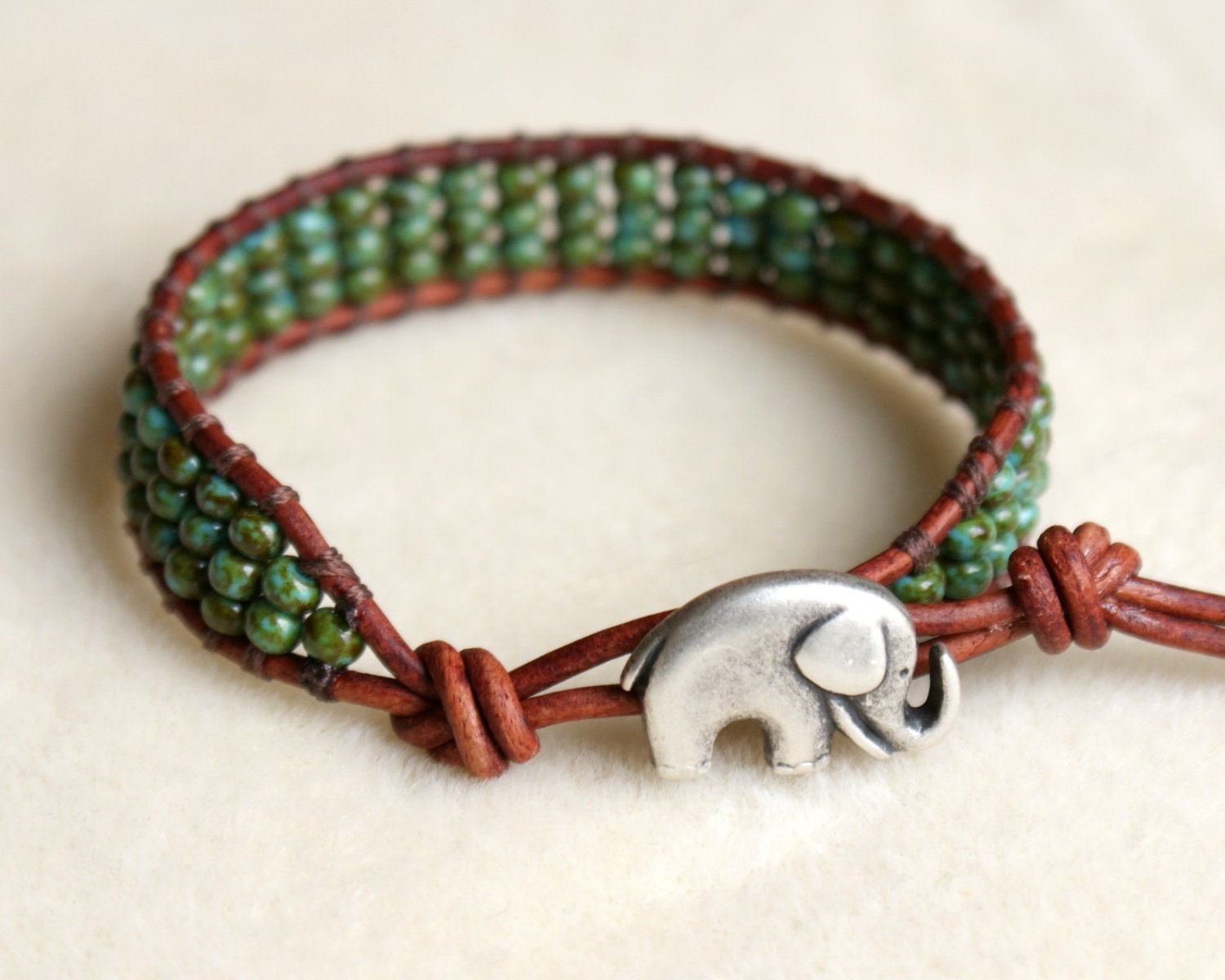 Rustic Turquoise Picasso Boho beaded leather wrap bracelet, single wrap, Chan Luu style, Good Luck elephant, green, beach jewelry, trendy
