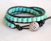 Green Turquoise Bohemian beaded leather wrap bracelet Celtic Knot, 2x Wrap, boho chic Chan Luu style, double wrap, trendy jewelry, Scottish