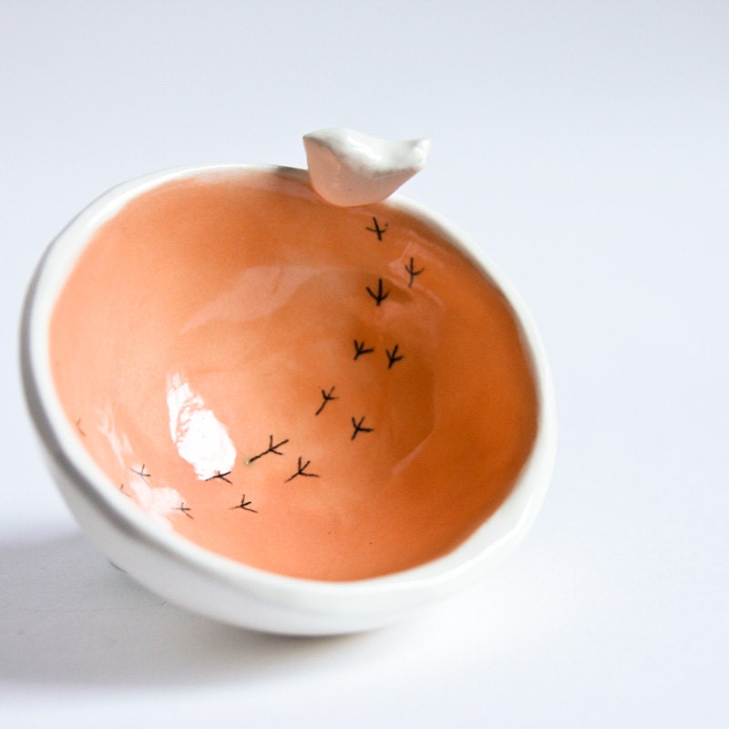 ceramic bowl, small pottery bowl, white and peach, fun, quirky, whimsical, mothers day gift handmade in Ireland by karoArt ceramics
