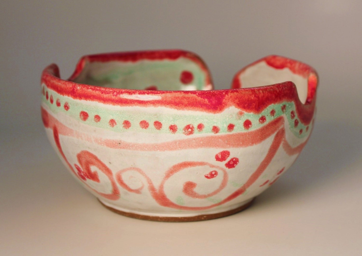 Stoneware Yarn Bowl Hand Glazed in White, Reds and Aqua