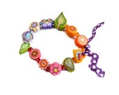 GIRLS Stretch BRACELET, children jewelry, with Polka Dots PURPLE ribbon, multicolored polymer clay, Medium, handmade