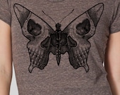 Womens butterfly skull shirt- American Apparel tri blend coffee- available in S, M, L , XL WorldWide Shipping