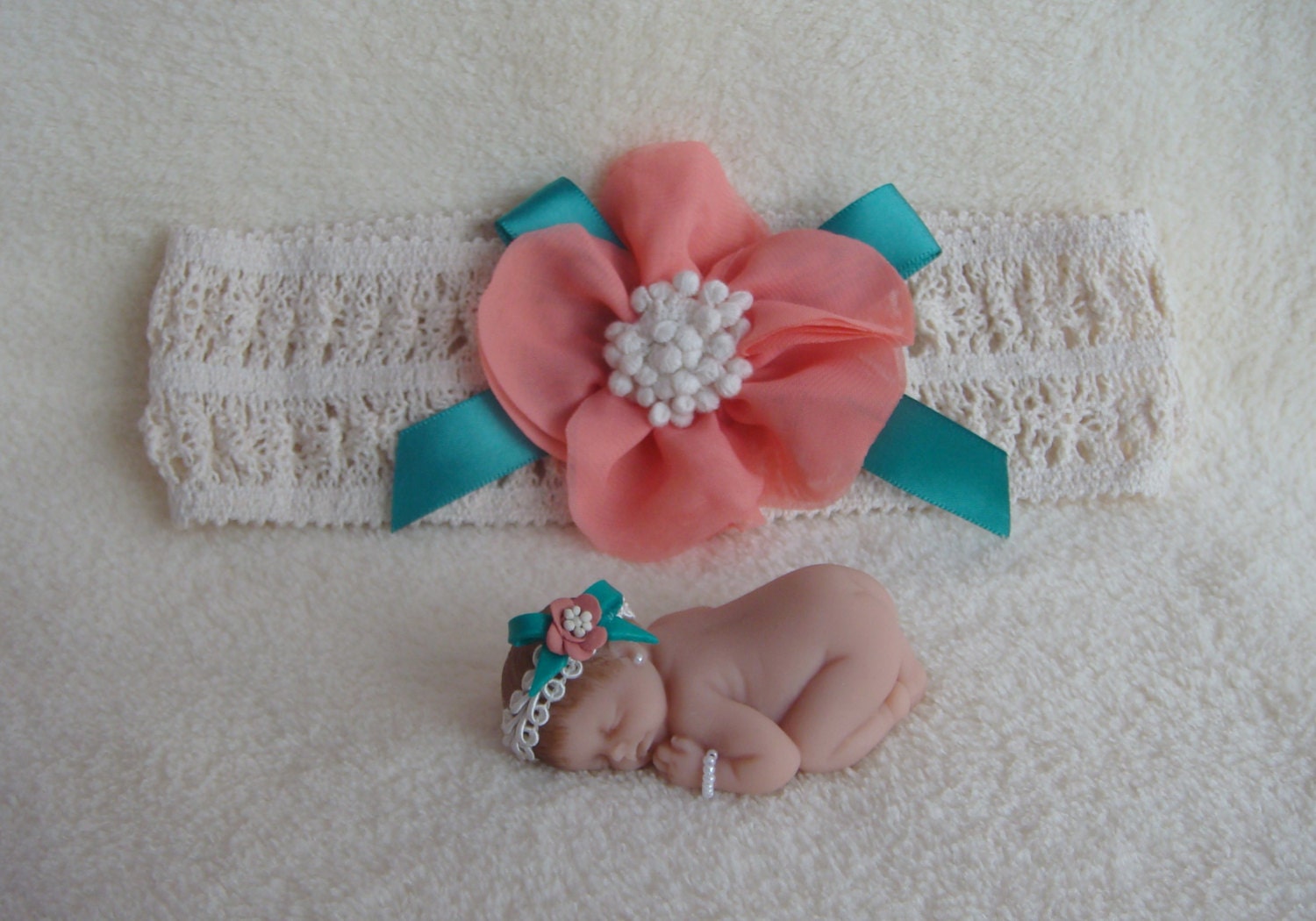 Handmade Infant Baby Girl Doll Miniature With Matching Headband for display or decoration, cake topper or photography prop