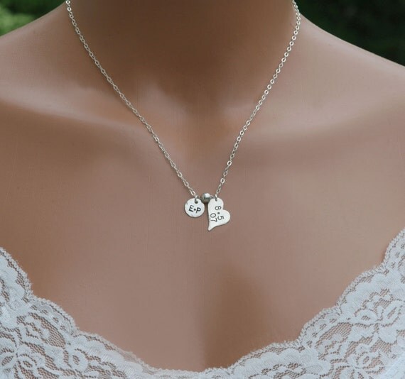 Hand Stamped Initial Necklace, Heart Necklace, Personalized Mothers Necklace, Wedding Date, Keepsake Jewelry, Engagement Gift