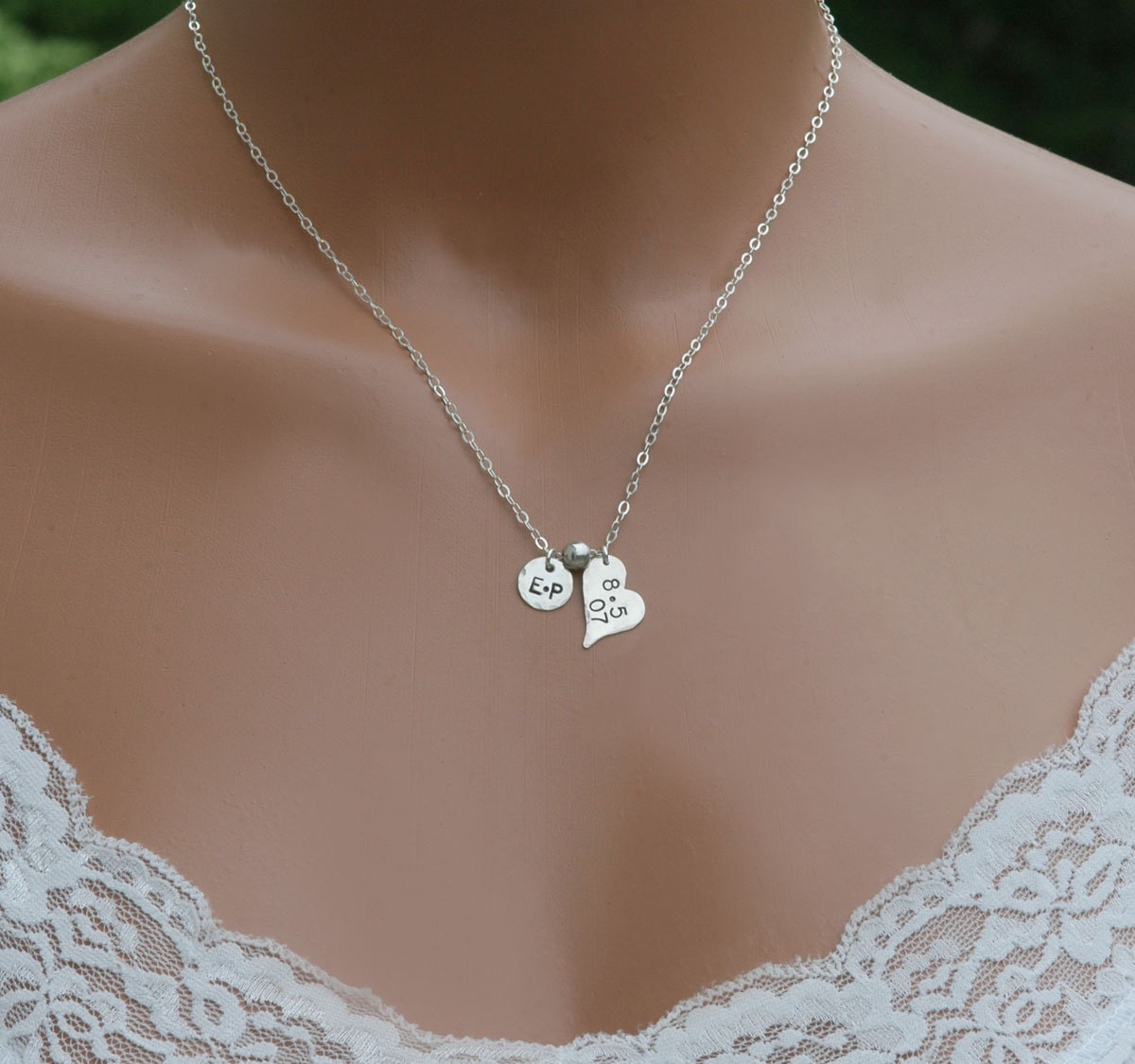 Hand Stamped Initial Necklace, Heart Necklace, Personalized Mothers Necklace, Wedding Date, Keepsake Jewelry, Engagement Gift