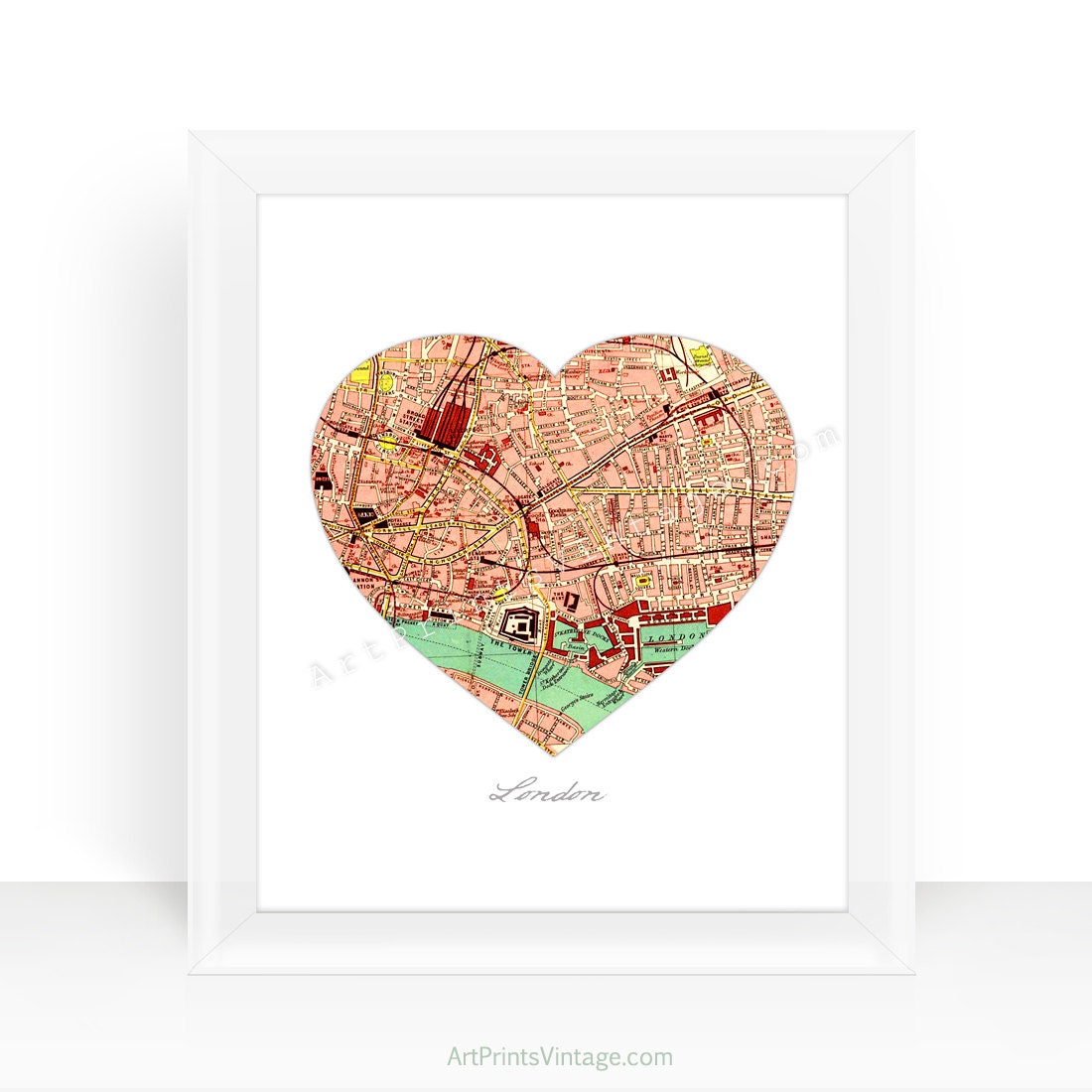 London Map Art Print  - Heart City Map Wall Decor - 8x10 or 8x8 Wall Art No.P211