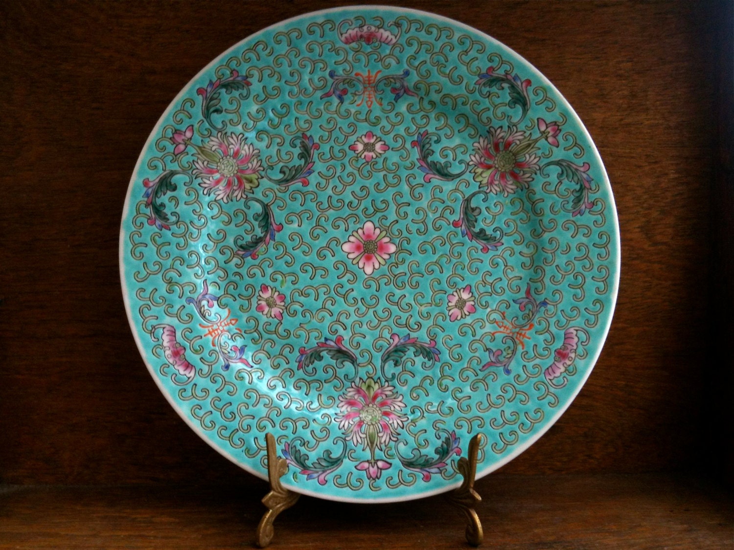 Vintage Chinese Turquoise Bat Plate