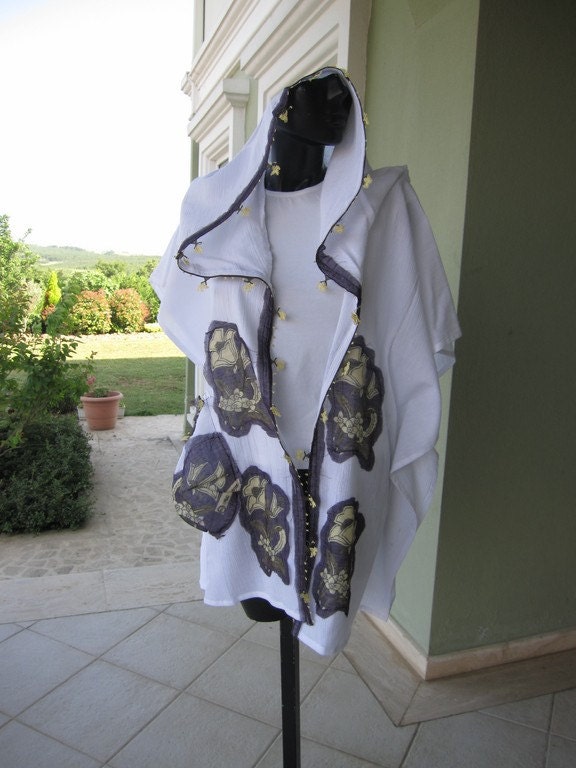 Hood CAFTAN beach dress-woman clothing swimsuit cover up- White cotton summer kimono