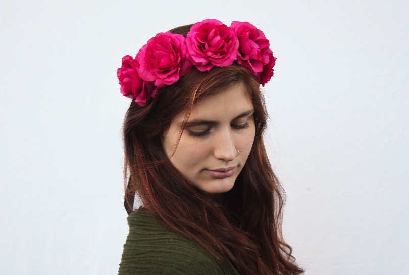 Pink Rose Crown - Raspberry Pink Flower Crown, Frida Kahlo, Rose Headband. Bohemian Fashion, Summer Fashion - BloomDesignStudio