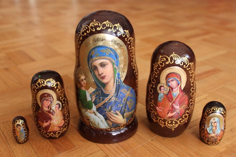 Mother of God Icon  Nesting dolls  Blue and Gold Babushka dolls set of 5