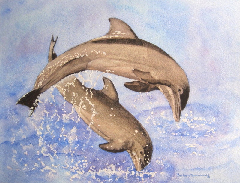 Dolphins Jumping Painting, Florida Seashore Watercolor, Art Reproduction Print of Original, Barbara Rosenzweig, Ocean Beach Vacation