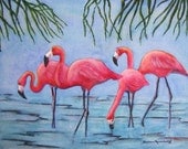 Pink Flamingo Tropical Seashore Bird, Original Watercolor Painting, Exotic Wildlife, Barbara Rosenzweig, Etsy