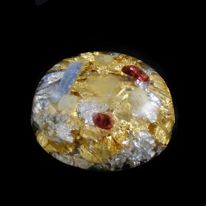 Pocket Size Orgone Positive Energy Generator with Tibetan Crystal, Garnet, Kyanite, Phenacite, Rhodizite, Silver & Gold Leaf. (862)