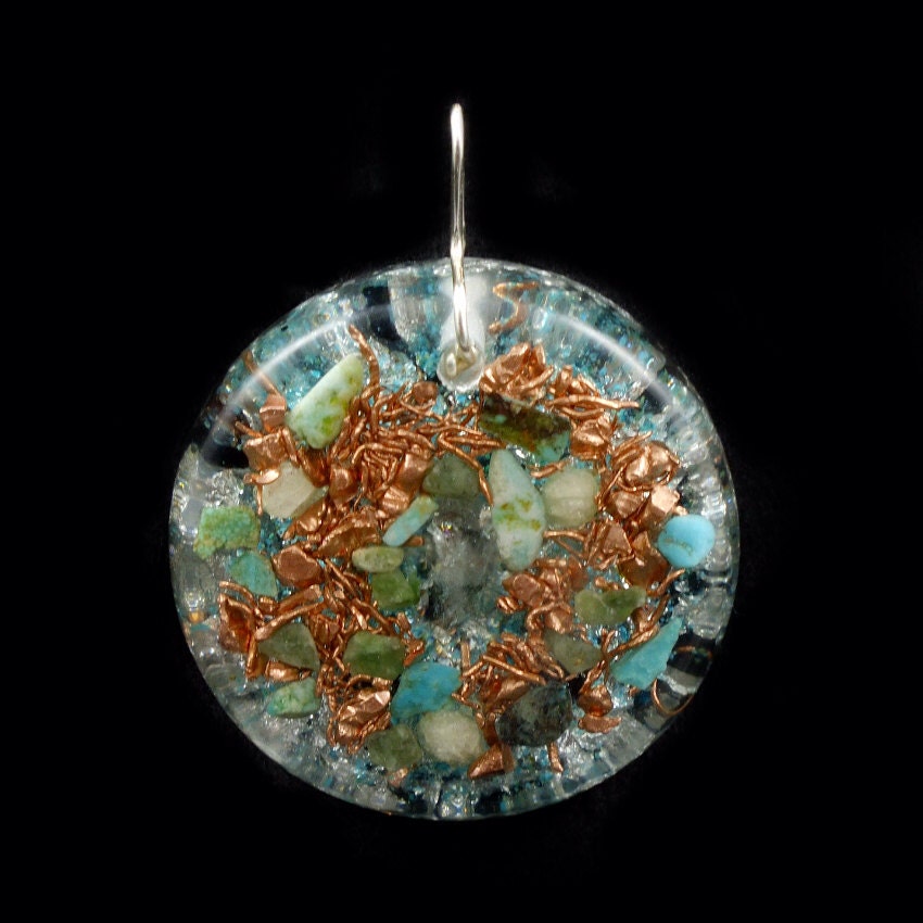 Round Orgone Energy Generator Pendant  with Tibetan Crystal, Jade, Turquoise, Phenacite, Rhodizite, Chrysocolla, Tourmaline, Copper (219)