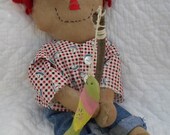 OOAK, Handmade, Primitive, Boy, Folk Art Doll, Folk Art Fish on Stick, Original Design, Prim Decor, Country, GONE FISHING