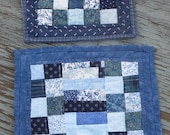 BLUES, 2 Primitive Table Mats, Quilt,  Patchwork, Pieced, One of a Kind, Whimsical, Not Perfect but Pretty, Set of 2