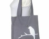 gray cotton canvas shoulder bag / tote bag / diaper bag / hand bag , bird stitched