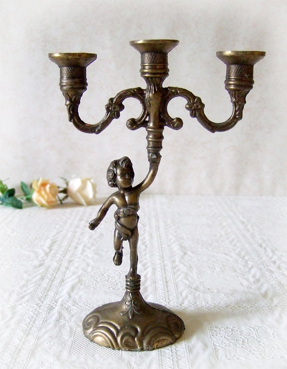 Pair French Candelabras Candle holders Brass with Cherubs