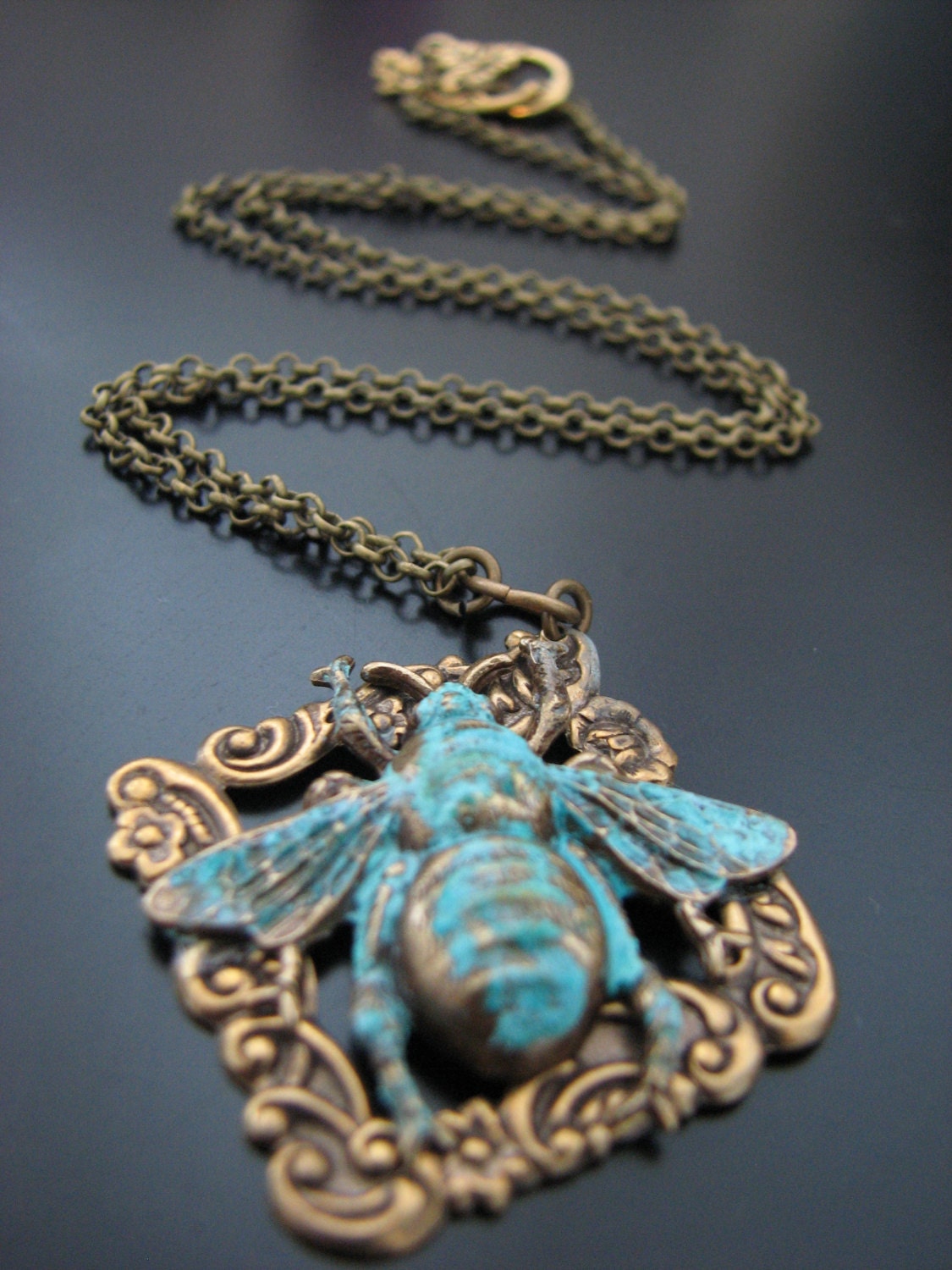 Bumble Bee Brass Hand Patina'd Set in Vintage Frame Rollo Chain Pendant Necklace