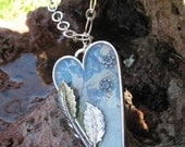 Heart Pendant Hand Poured Resin with Ephemera Artwork Antiqued Silver Leaves Silver Chain Toggle Leaf Clasp 5cm Pendant
