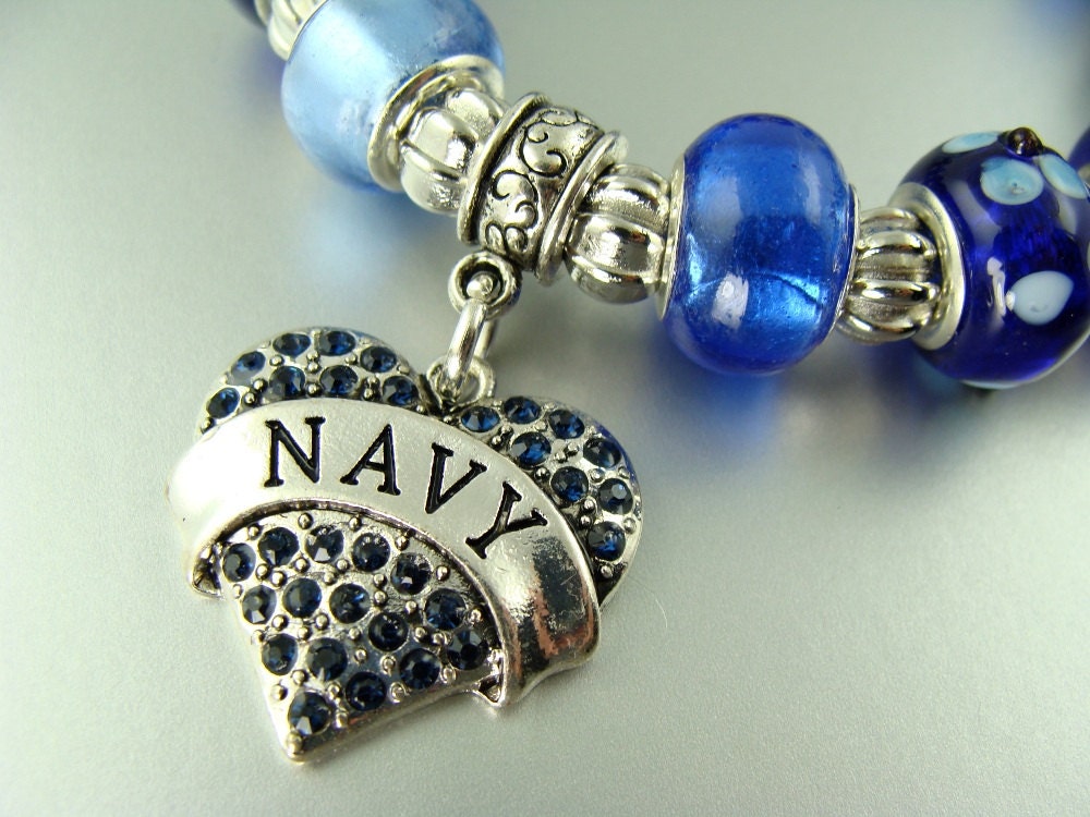 NAVY Military Stretch European bead Lampwork Charm Bracelets