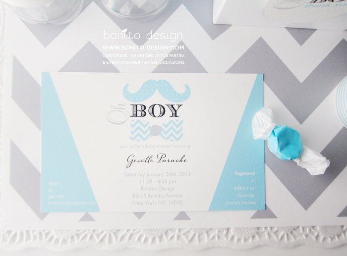 Mustache and Bow Tie Theme: Chervon & Polka Dot Invitation and Party Labels - bonito design