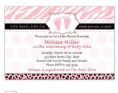Printabe Personalized Adorable Zebra Leopard Pink Baby Feet Baby Shower Invitations - Boy Girl Unisex Polka Dots Jungle Any Color Available