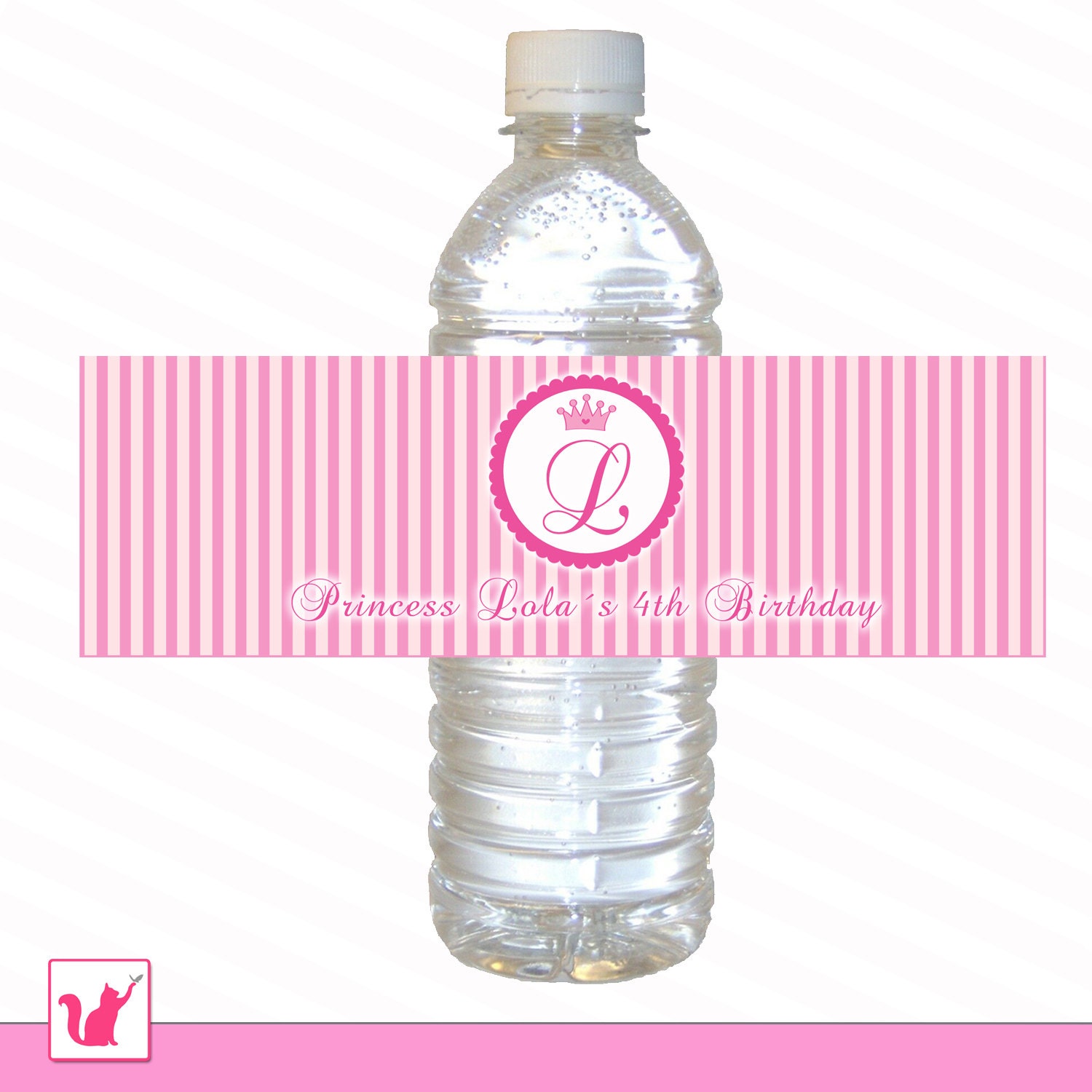 Printable Personalized with Name and Monogram Pink Princess Water Bottle Label Wrappers - Birthday Party Girl Custom Lines Stripes Wraps