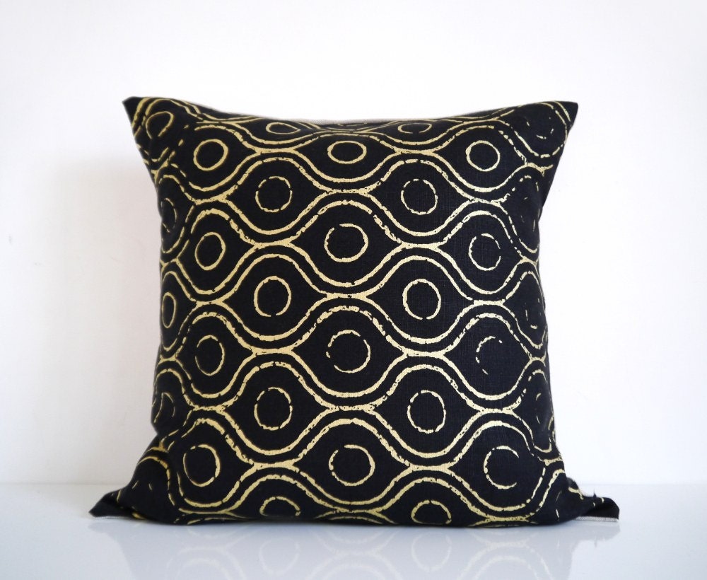 Black pillow - metallic gold print on black linen cushion cover, bohemian decorative pillow, gold pillow