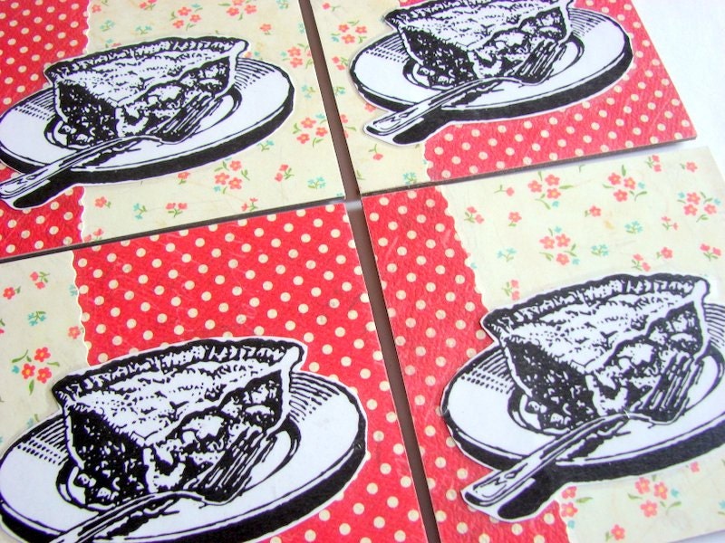 Coaster Set - Pie - Large Paper Chipboard Decoupage Collage Drink Bar Tea Beverage Coffee