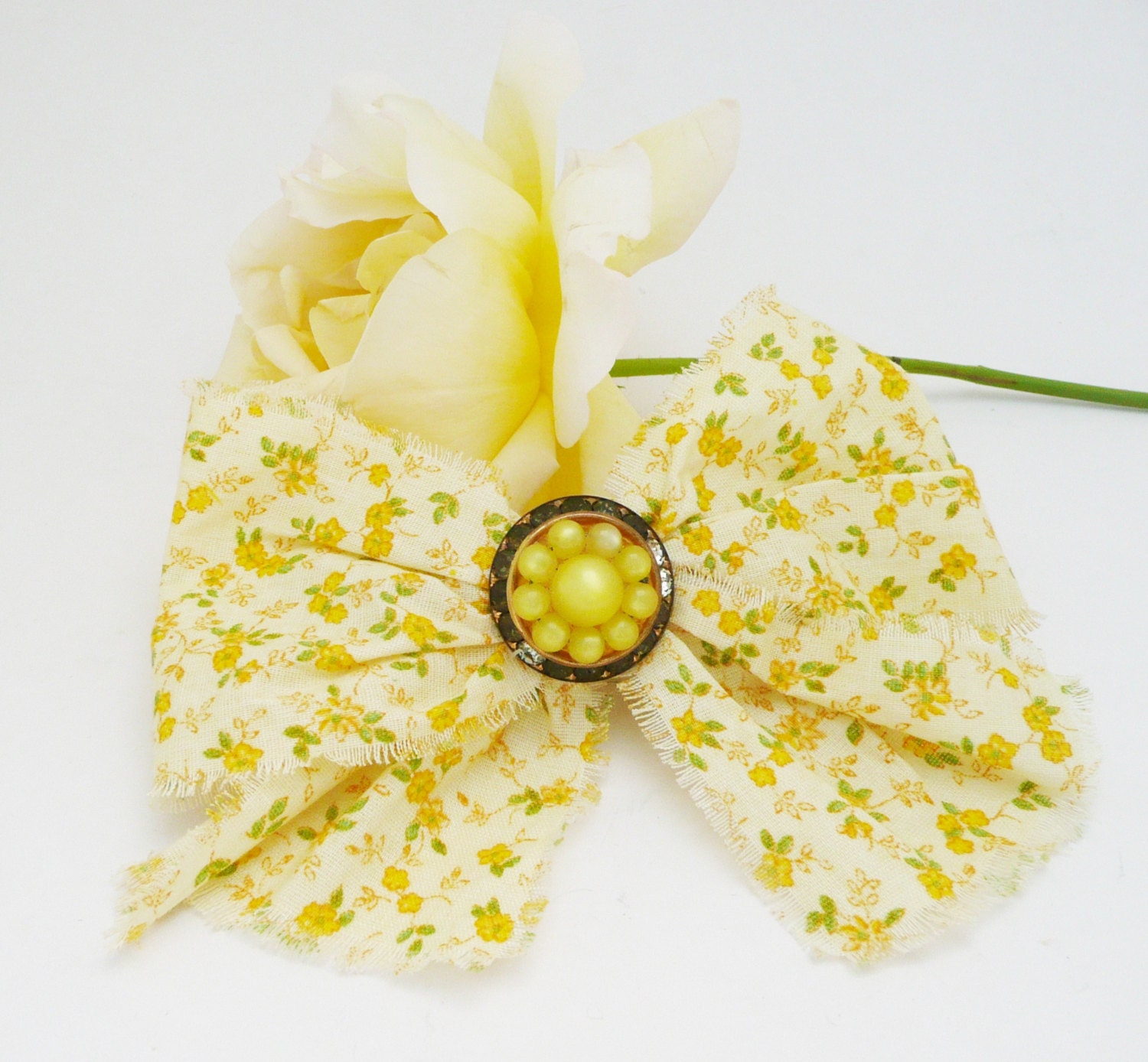 Vintage Shabby Chic Hair Bow, Hair Accessory, Yellow Mini Flower Print Ribbon, Tattered Edges, Glass Beads and Crystals Daisy Center
