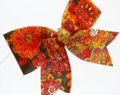 Flower Child 70's Print Hair Bow, Womens Hair Accessory with Vintage Amber Rhinestones Set in a Diamond on a French Barrette