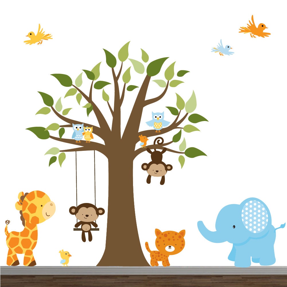 Children Jungle Wall Decal Vinyl wall decal Tree with Monkeys-Vinyl Tree Wall Decal