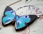 Green, Blue & Black Large Wooden Butterfly Necklace - Vintage Decoupage