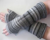 Spring Cotton Fingerless Gloves - Black White and Gray Texting Gloves Wrist Warmers : Upcycled Recycled Repurposed Eco Friendly